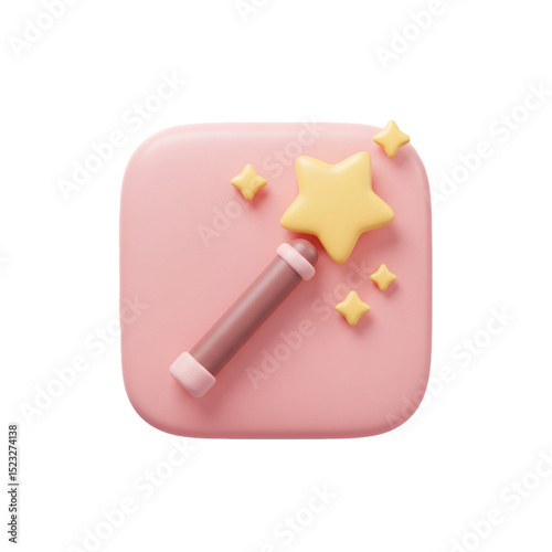 3D illustration of a magic wand and stars on a pink rounded square, a cute design
