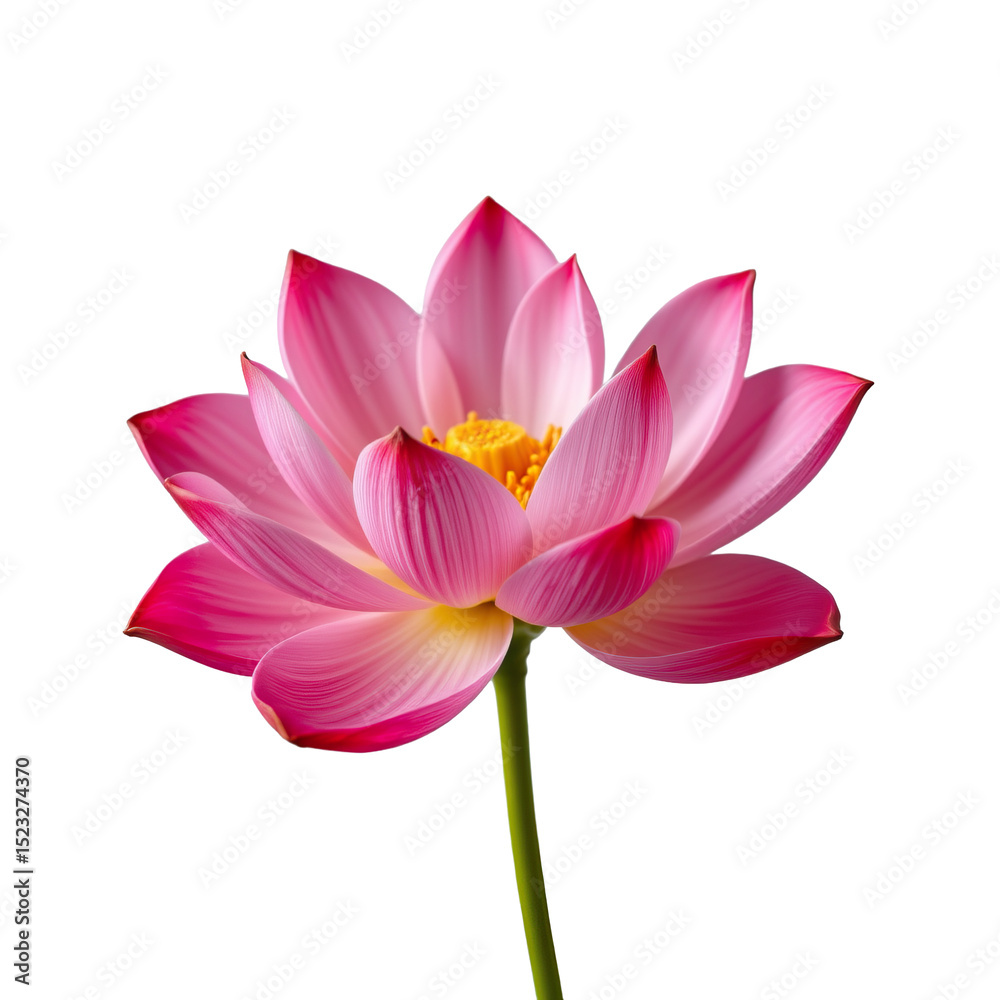 Naklejka premium Beautiful pink lotus flower with soft petals and vibrant yellow center isolated on a clean white background