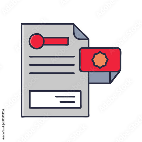 Label reprint icon with document and badge in flat design for returns management