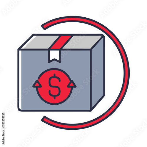 Package refund icon with dollar sign and circular arrows in flat design for returns management