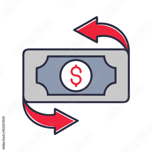 Partial refund icon with dollar bill and circular arrows in flat design for returns management
