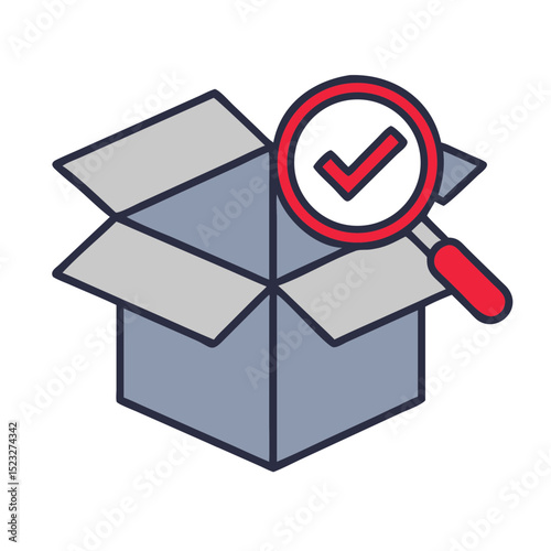 Open package inspection icon with magnifying glass and check mark in flat design for returns management