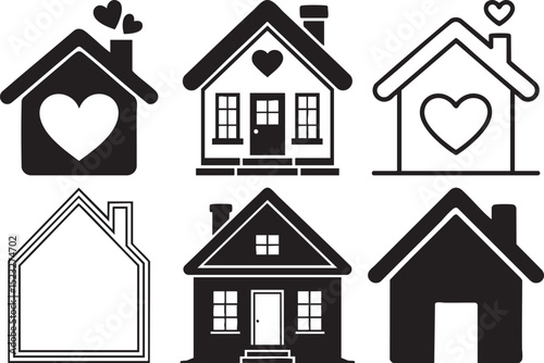 Collection Of Home And Heart Icon Set In Black And White Featuring Love House Silhouettes For Family Real Estate Care And Relationship Themes