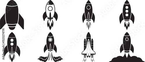 Collection Of Rocket Icon Set In Black And White Featuring Spacecraft Launch Silhouettes For Space Travel Science Future And Exploration Themes
