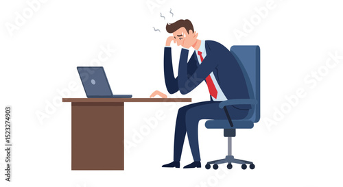 illustartion of stressed businessman, businessman in chair, worried businessman, frustrated corporate professional, upset office worker, depressed office employee, anxious corporate executive, distres