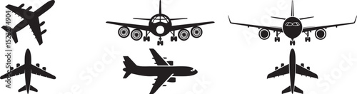 Collection Of Airplane Icon Set In Black And White Featuring Commercial Aircraft Silhouettes For Travel Aviation Flight And Transport Themes