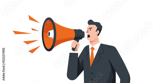 illustration of businessman shouting into megaphone, minimalist illustration, flat design, vibrant colors, dynamic composition, digital art, on white background
