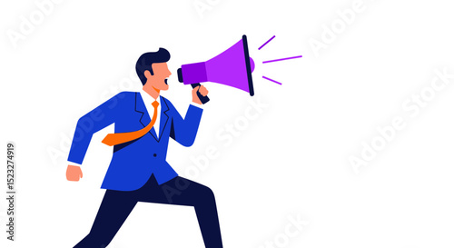 illustration of businessman shouting into megaphone, minimalist illustration, flat design, vibrant colors, dynamic composition, digital art, on white background
