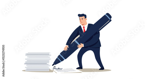 Cartoon character holding a giant pen, signing legal documents, businessman, professional, serious, illustration, flat style, clean lines, minimalist
