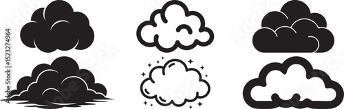 Collection Of Cloud Icon Set In Black And White Featuring Weather Sky Elements For Forecast Nature Climate Cartoon And Atmospheric Designs