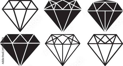 Collection Of Geometric Diamond Icon Set In Black And White Featuring Jewel Shapes For Luxury Wealth Jewelry Fashion And Minimalist Design