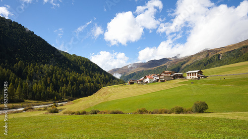 View of the hamlet of Melag in the Langtauferer Valley near Graun in the Vinschgau Valley, Italy.
