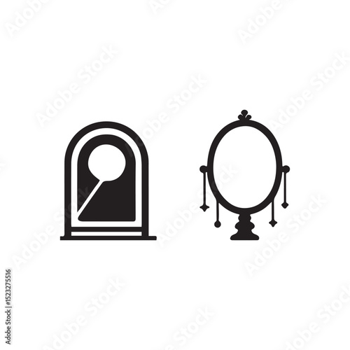 Two stylized black and white decorative mirrors.This image features two simple, decorative mirror silhouettes in a classic, elegant style.