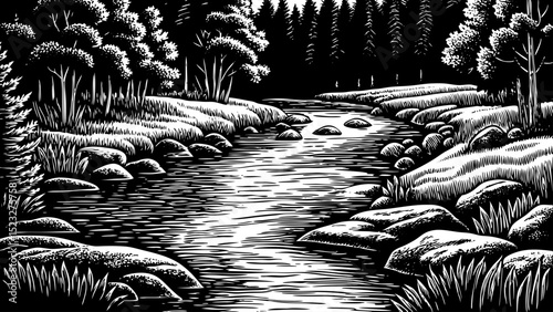Black and white sketch vector of a river winding through a forest with rocks and tall grass