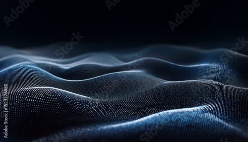 black background with gradient dots and waves dark blue dark gray low saturation 3d composition shallow depth of field perspective effect abstract lines soft lighting mysterious atmosphere
