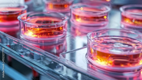 Close-up of red liquid in laboratory petri dishes for scientific research