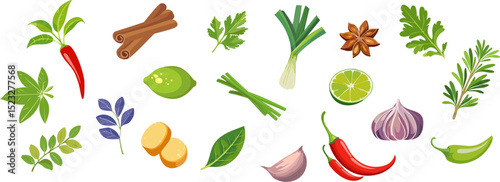 A colorful assortment of fresh herbs and spices artfully arranged