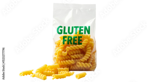 Modern transparent bag of spiral shaped gluten free pasta prominently displaying gluten free label for health-conscious consumers
