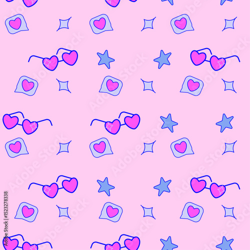 Pink heart shaped sunglasses and speech bubble with heart seamless pattern. Fun glasses, social media, love. Valentine's Day doodle hand drawn vector
