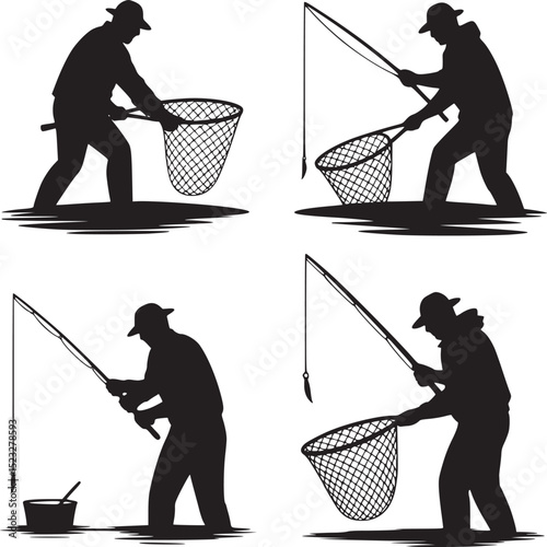 Four silhouettes depicting street cleaning activities including sweeping and driving a cleaning vehicle