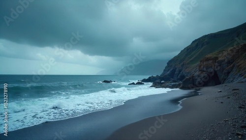 Moody, overcast sky hangs low over a rocky, grey shoreline, waves gently lapping against the shore The air is thick with mist, creating a dramatic, atmospheric scene , coastal, cold, grey