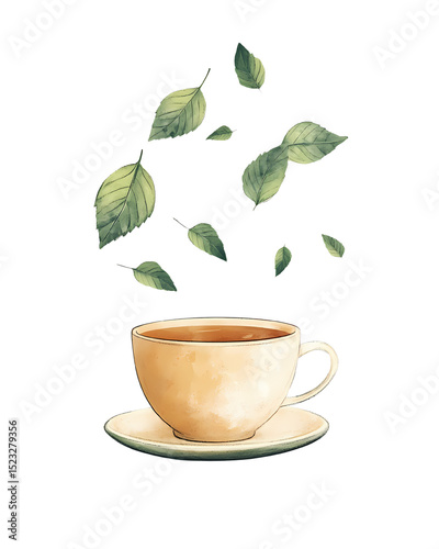 A charming cup of tea surrounded by floating green leaves, evoking a sense of serenity and natural refreshment.