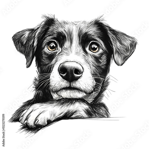 A close-up illustration of a dog's face, showcasing its expressive eyes and unique fur patterns in a captivating and artistic style.