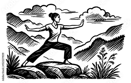 Asian Woman Practicing Tai Chi in Mountains Landscape Black and White Engraved Art