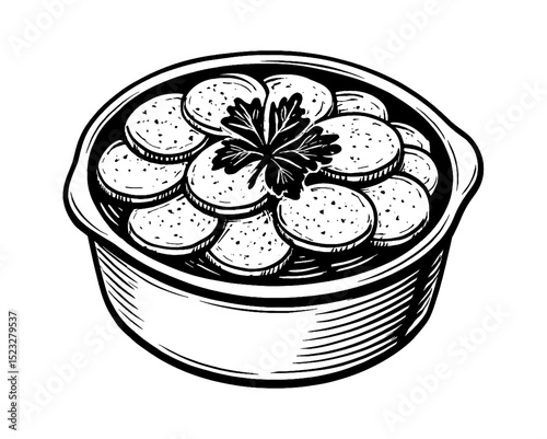 Hand Drawn Illustration of Sliced Sausages in Bowl Topped with Parsley, Detailed Black and White
