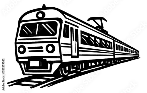 Illustration of a Train on the Rail, Black and White Line Art of a Train, Locomotive