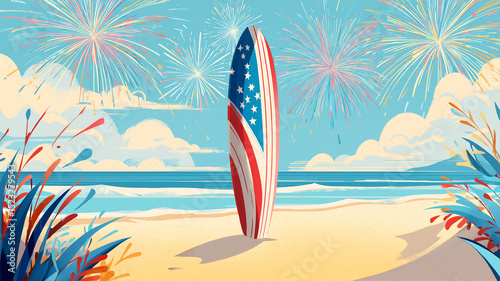 Surfboard painted with American flag by summer shoreline