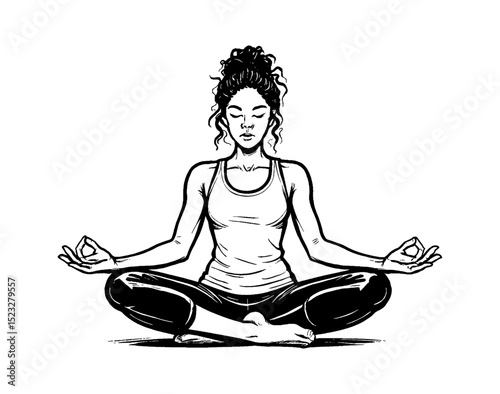 Black and white drawing of a woman meditating in lotus position with eyes closed