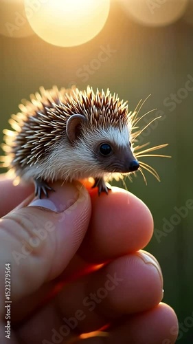 Tiny hedgehog perched on fingers in golden sunlight