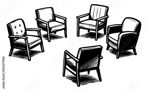 Group Therapy Session Circle of Armchairs in Black and White Illustration