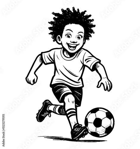 Happy African Descent Boy Playing Soccer with Smile Expression in Detailed Black and White Outline Line Art