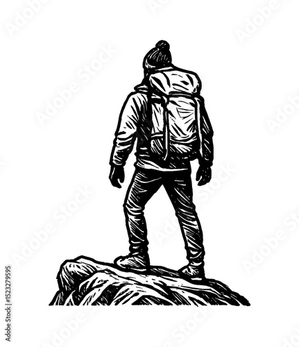 Hiker with Backpack Standing on Rock, Black and White Woodcut Style Vector Illustration
