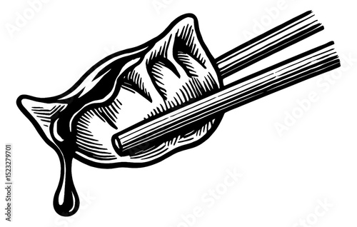 Dumpling on Chopsticks with Dripping Sauce in Black and White Engraving Style Illustration