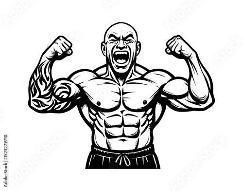 Muscular man flexing his biceps and screaming, black and white drawing style. vector