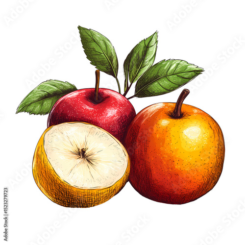 A vibrant illustration of three apples, showcasing red, green, and yellow varieties with fresh green leaves.