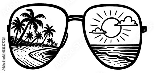 Sunglasses Reflecting Tropical Beach and Sunny Sky in Black and White Vector Illustration