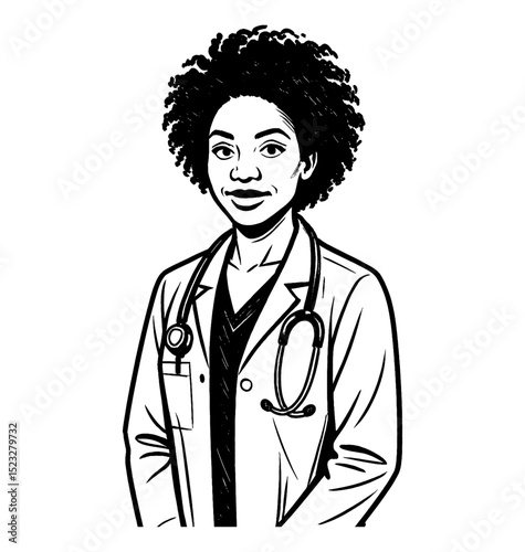 Black woman doctor in lab coat with stethoscope, black and white line art illustration