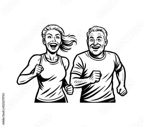 Couple Running Together with Happy Expression in Black and White Illustration Style