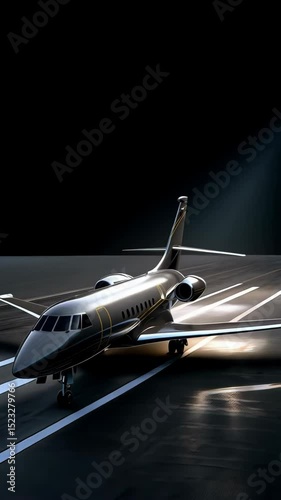 Sleek private jet on runway under spotlight, luxurious transport, modern design, aviation imagery, executive travel