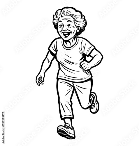 Smiling Elderly Woman Running in Black and White Line Art Style Illustration