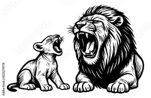 Lion and Cub Roaring, Bold Black and White Vector Illustration of Wild Animals in the Zoo