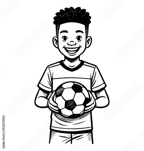 African American Boy Holding Soccer Ball Smiling in Black and White Illustration Style