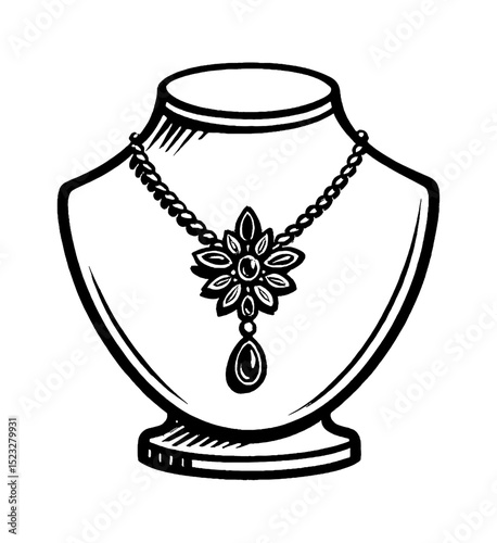 Elegant Necklace on Mannequin Display, Black and White Detailed Vector Graphic
