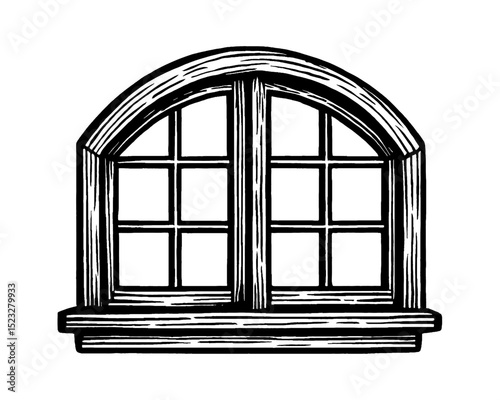 Illustration of an arched window with panes in a woodcut style black and white