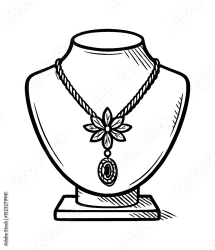 Necklace on Mannequin Jewelry Display with Flower Pendant in Detailed Black and White Line Art