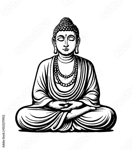 Buddha Meditating in Lotus Position with Rosary Beads and Serene Expression in Black and White